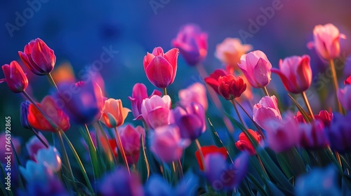Beautiful blooming tulips flowers at dawn in the spring morning #766392865