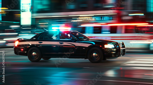 Speeding Cop Car motion blur. Night scene