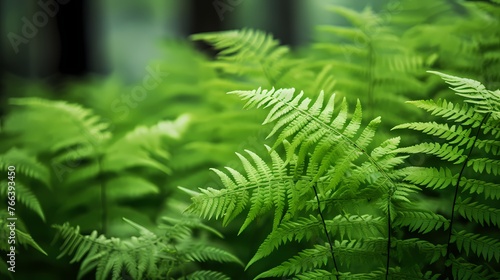 A close-up of delicate ferns unfurling their vibrant green fronds in the shade of towering trees.