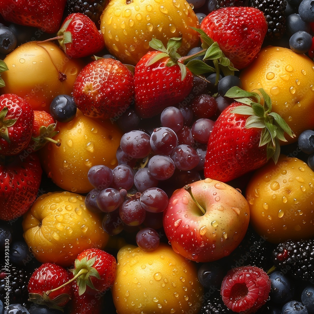 Close up of fruits. Berries with dew drops on them, strawberries, currants, blackberries, blueberries, apples, Grapes, raspberries. Close up of fruits. Berries with dew drops on them, strawberries, currants, blackberries, blueberries, apples, Grapes, raspberries.