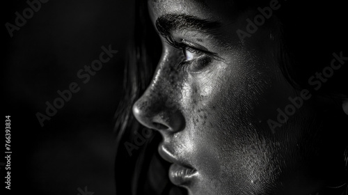 Black and white close-up of a person lost in thought, showcasing detailed facial features