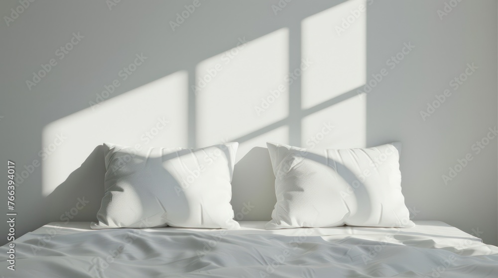 simple white bedroom wall, front view, early morning light, two pillow simple white bedroom wall, front view, early morning light, two pillow