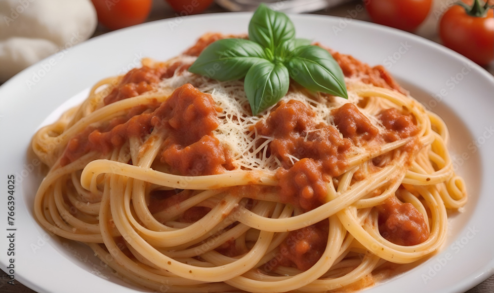 Italian-style pasta, cooked pasta with sauce and herbs in a bowl Italian-style pasta, cooked pasta with sauce and herbs in a bowl