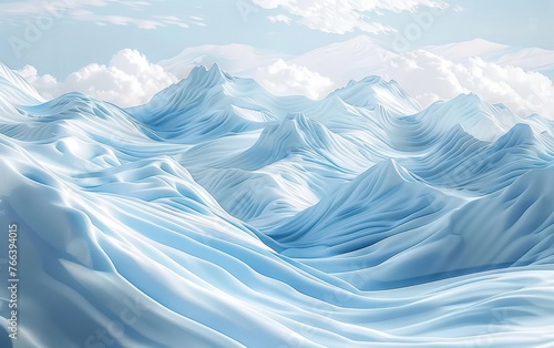 abstract fantasy art depicting stunning snowy mountain views in white and blue hues  with stylized wavy wave