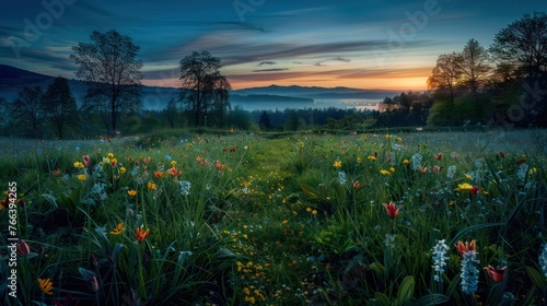 blue hour landscape photography captured grassland and beautiful wildflowers during the tranquil morning of a spring day