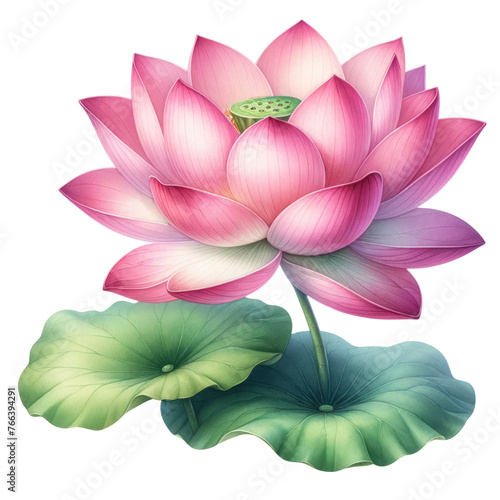 Watercolor of A beautiful pink flower with green leaves is the main focus of the image, Clipart, Flower, isolated on a transparent background