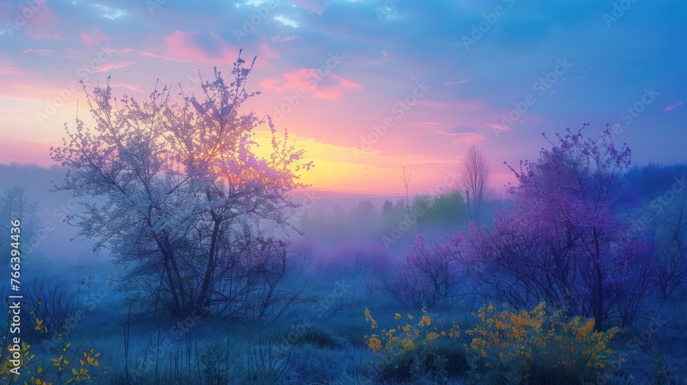 Obraz premium Serene blue hour landscape photography captured during the tranquil morning of a spring day