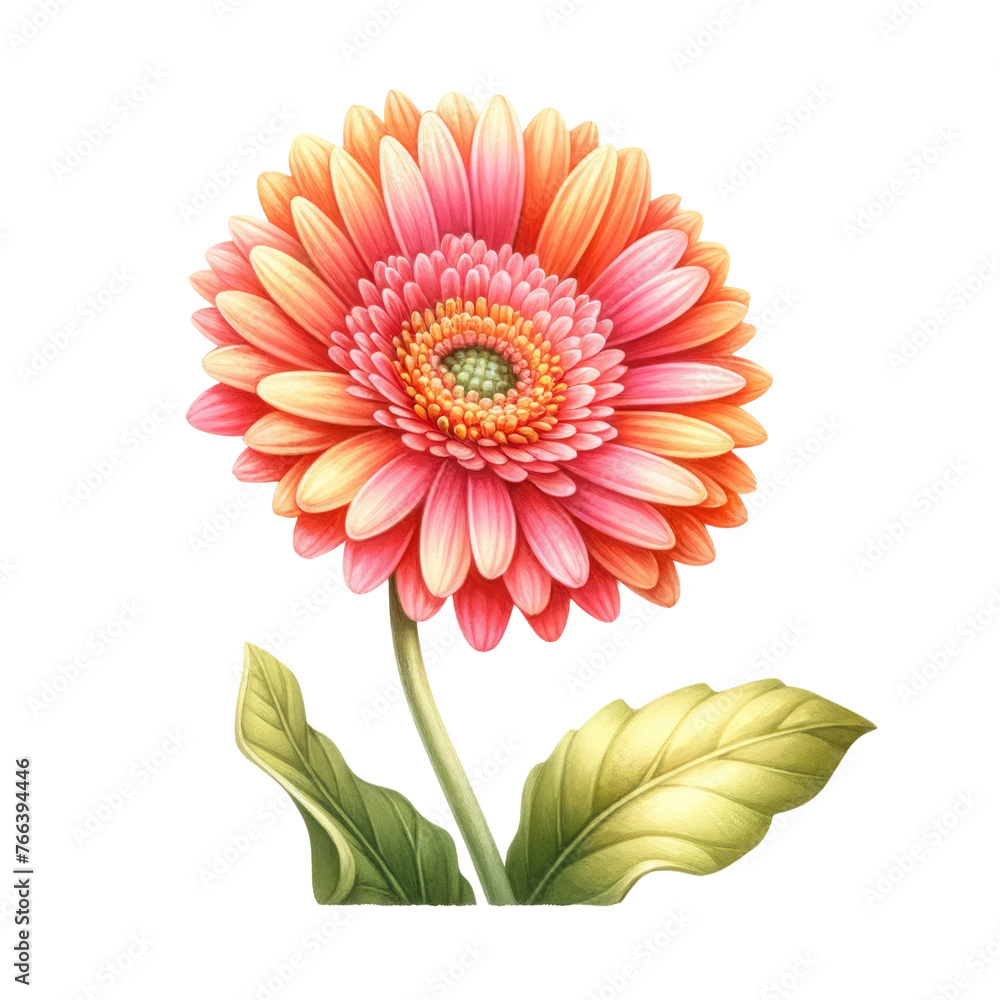 Watercolor of A beautiful pink and orange flower with a green stem, Clipart, Flower, isolated on a transparent background