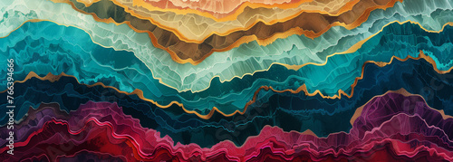 abstract landscape with flowing forms and waves, rich in colors of turquoise, amber, and terracotta, evoking a sense of fluid motion and organic shapes. photo