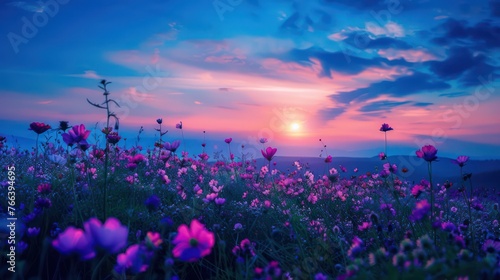 Serene blue hour landscape photography captured during the tranquil morning of a spring day