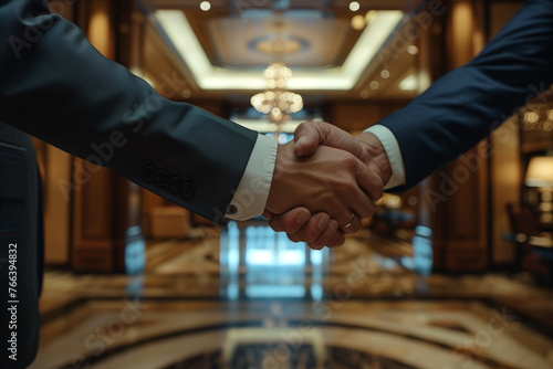 Business handshaking to contract agreement, close up of business person hands doing handshake for success contract