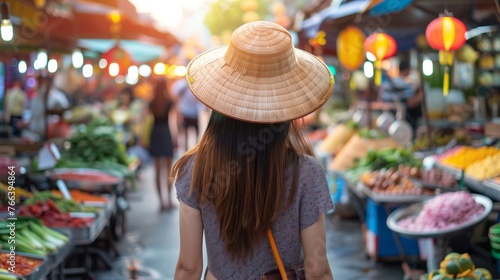 Young Asian woman wearing a traditional conical hat exploring a vibrant street market with colorful lanterns and fresh produce, representative of Southeast Asian culture