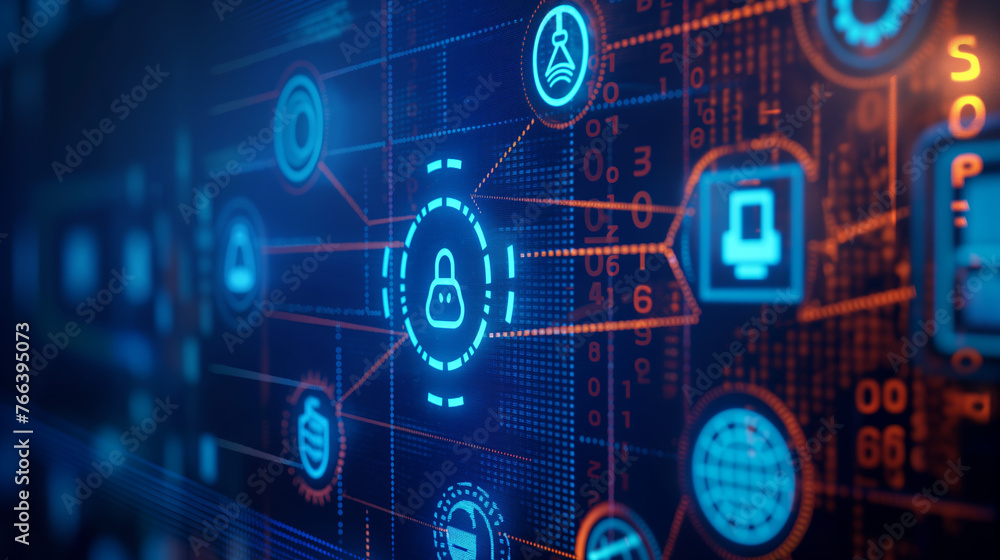 An abstract representation of technology, computer networking and cyber security. Blue abstract symbols. An abstract representation of technology, computer networking and cyber security. Blue abstract symbols.