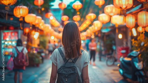Young Asian woman exploring a vibrant street decorated with traditional red lanterns, possibly during a Lantern Festival or Chinese New Year celebration