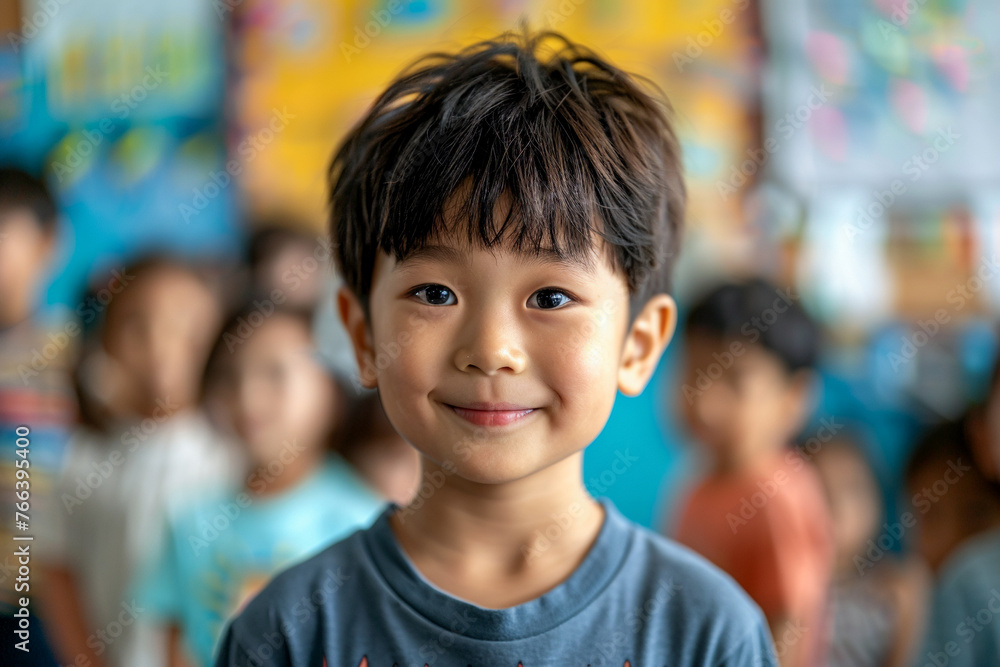 Preschooler in kindergarten, smiling Asian boy participating in classroom activities. Preschooler in kindergarten, smiling Asian boy participating in classroom activities.
