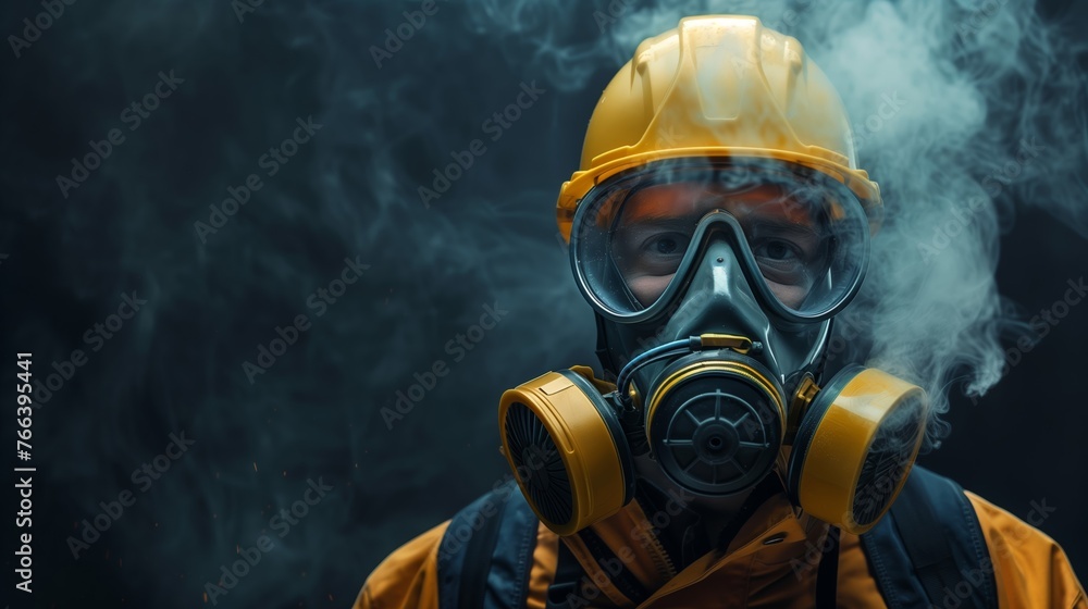 Person in protective gear with a gas mask and yellow hard hat against a smoky dark background, depicting industrial safety or environmental pollution concept Ethnicity not discernible Person in protective gear with a gas mask and yellow hard hat against a smoky dark background, depicting industrial safety or environmental pollution concept Ethnicity not discernible