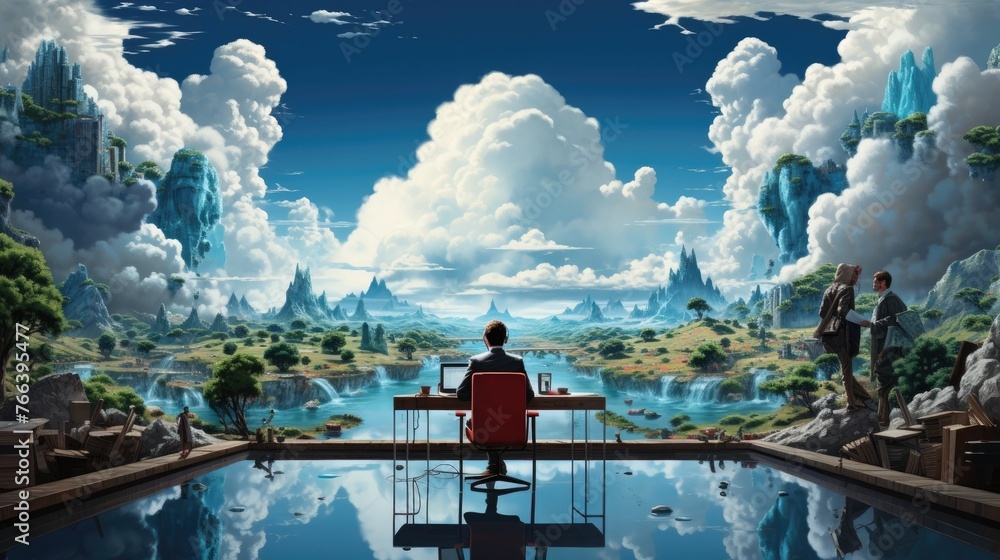 Mesmerizing Dreamscape Reflecting Floating Islands and Cloudscapes