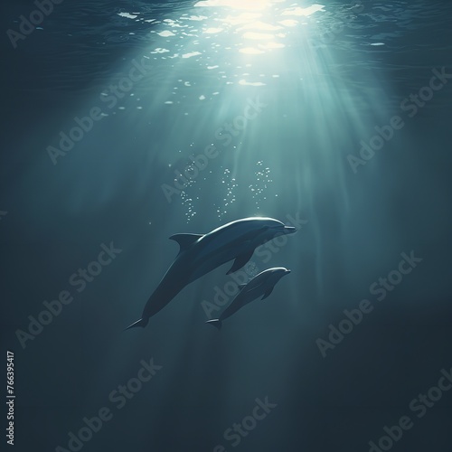 Two dolphins elegantly swimming beneath the ocean's surface as sunlight softly penetrates from above. © SC-7