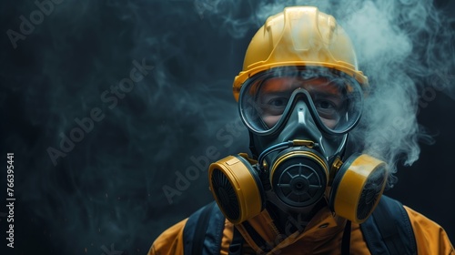 Person in protective gear with a gas mask and yellow hard hat against a smoky dark background, depicting industrial safety or environmental pollution concept Ethnicity not discernible
