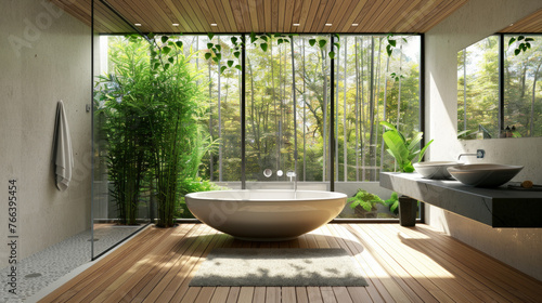 An eco-friendly bathroom with sustainable materials, such as bamboo flooring and low-flow fixtures © Textures & Patterns