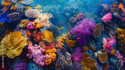 Aerial perspective of a colorful coral reef, teeming with marine life, broad, underwater hues, screensaver design, magnum opus, foundation, life-like © VirtualCreatures