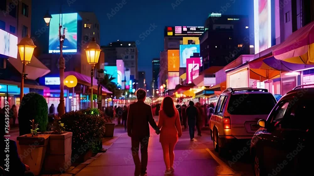couple walking through the bright city at night couple walking through the bright city at night