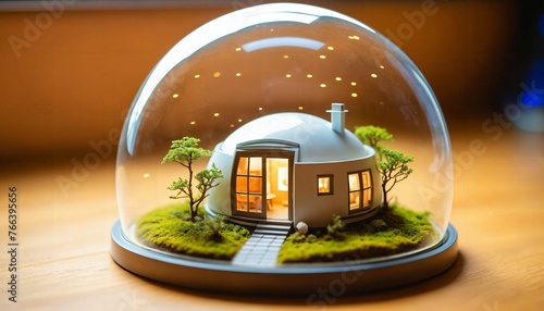 photo of miniature scene small model little house in dome glass, generative AI