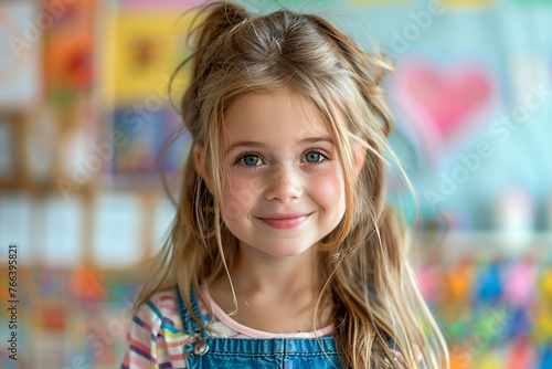 Kindergarten student, joyful classroom, playful girl, early learning.