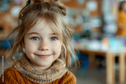 Preschooler in classroom, happy girl, early education, cheerful student.