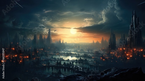 Ethereal and Futuristic Skyline of a Dramatic Cyberpunk Metropolis with Glowing Towers and Bridges at Sunset