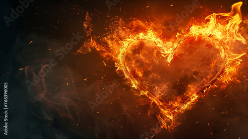 Heart burning in fire abstract background
