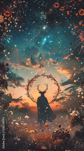 Ethereal Deer Druid in Enchanting Floral Circle Under Starry Celestial Twilight Landscape