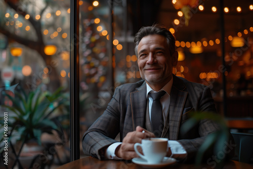 Businessman sitting in coffee shop, coffee break, outside business meeting photo