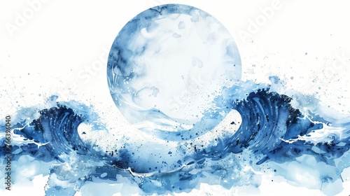 Abstract watercolor illustration of a wave and moon in blue tones  suitable for backgrounds or themes related to tranquility  nature  and ocean concepts