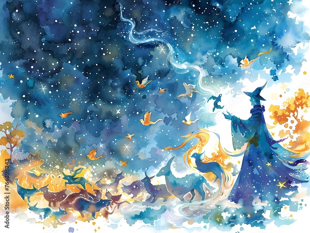 Whimsical Sorcerer Summons Ethereal Spirit Animals Amidst Starry Night Sky and Cosmic Landscape Whimsical Sorcerer Summons Ethereal Spirit Animals Amidst Starry Night Sky and Cosmic Landscape