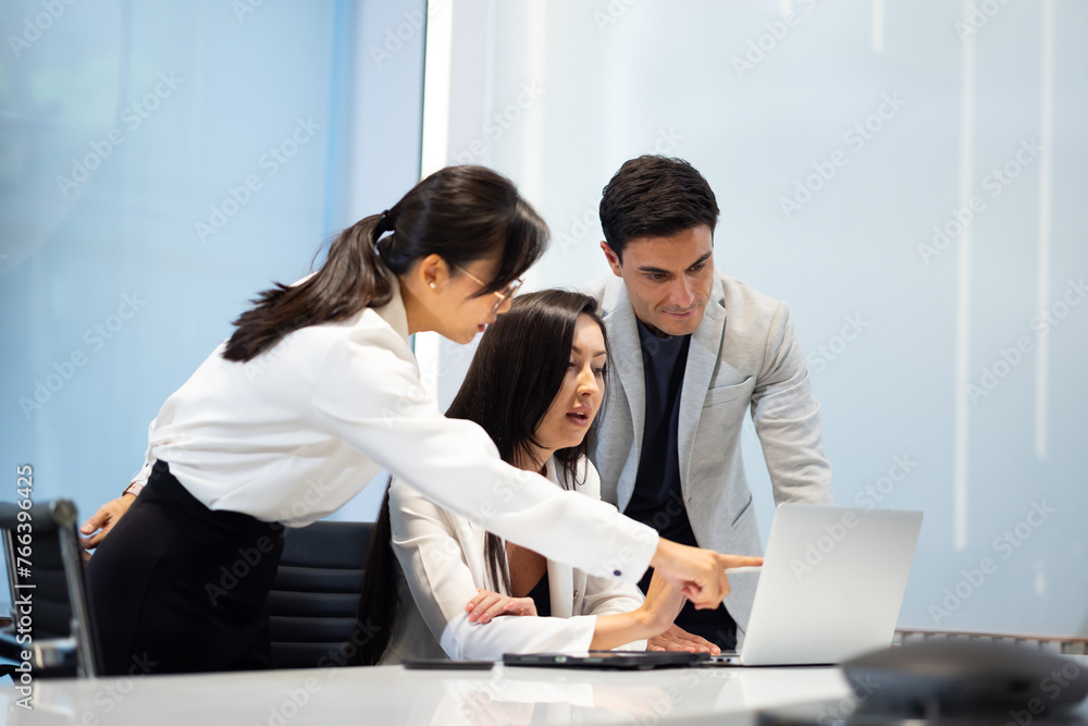 Business meeting -  Group of friends meeting at home. Diverse business people asian woman and caucasian man discussion in corporate meeting at conference room