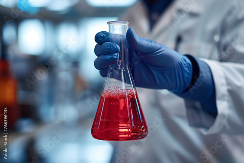 Chemist drops sample solution into flask and shake looking of solution color change reaction, Laboratory Flask, hand of lab technician holding liquid sample flask 