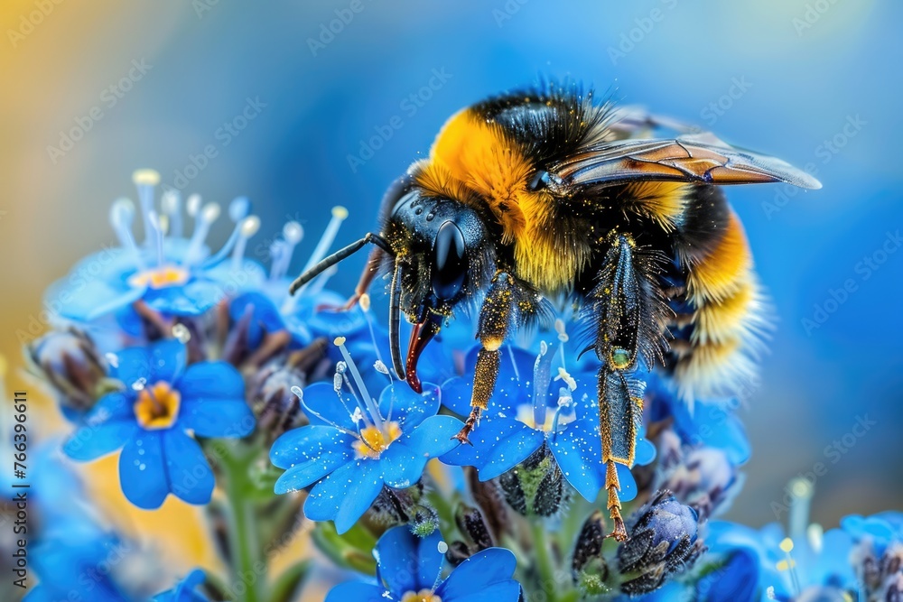 Bumblebee on Blue Wildflower Close-Up. Nature Macro Shot of Bee Collecting Pollen and Honey from Wild Flower Bumblebee on Blue Wildflower Close-Up. Nature Macro Shot of Bee Collecting Pollen and Honey from Wild Flower