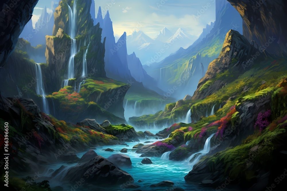 A cascading waterfall gracefully descending from lush peaks, framed by the vibrant hues of untouched wilderness