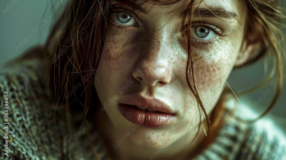 Mysterious woman with freckles and intense gaze Mysterious woman with freckles and intense gaze