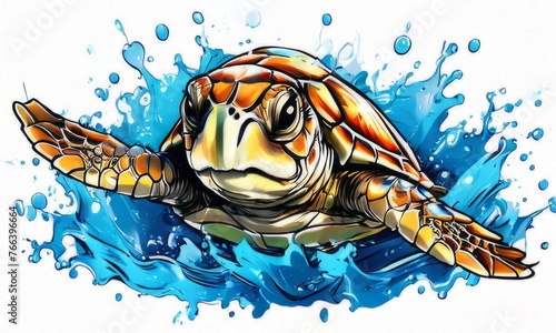 Turtle moves gracefully through water, its movements fluid, effortless. For fashion, clothing design, animal themed clothing advertising, as illustration for interesting clothing style, Tshirt design. photo