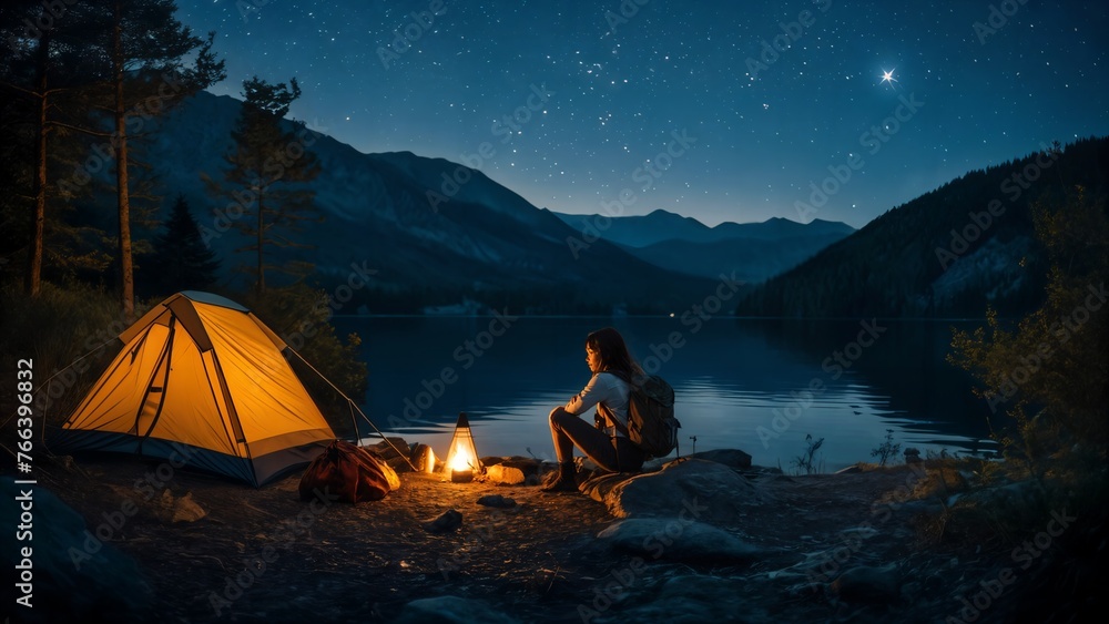 Une jeune randonneuse médite devant l'eau d'un lac, la nuit dans une atmosphère relaxante. La toile de tente est éclairée. - obrazy, fototapety, plakaty 