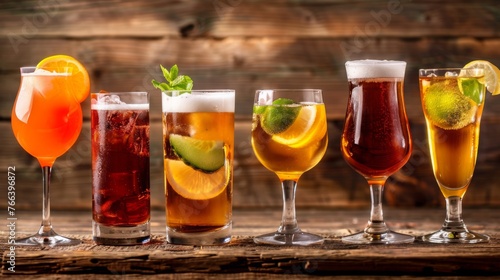 Assortment of Refreshing Beverages on a Rustic Wooden Bar