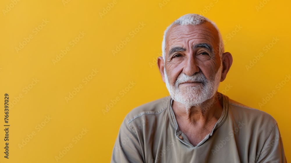 Retirement Stress Depicted by Sad Senior Middle Eastern Male, Yellow Backdrop Retirement Stress Depicted by Sad Senior Middle Eastern Male, Yellow Backdrop