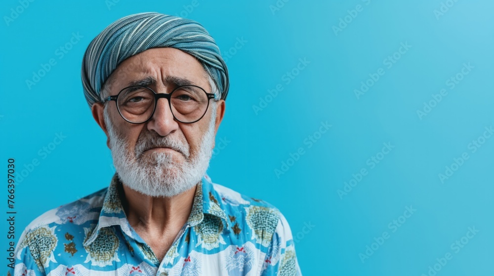 Obraz premium Mental Health Issues in Elderly Retired Middle Eastern Man, Blue Background