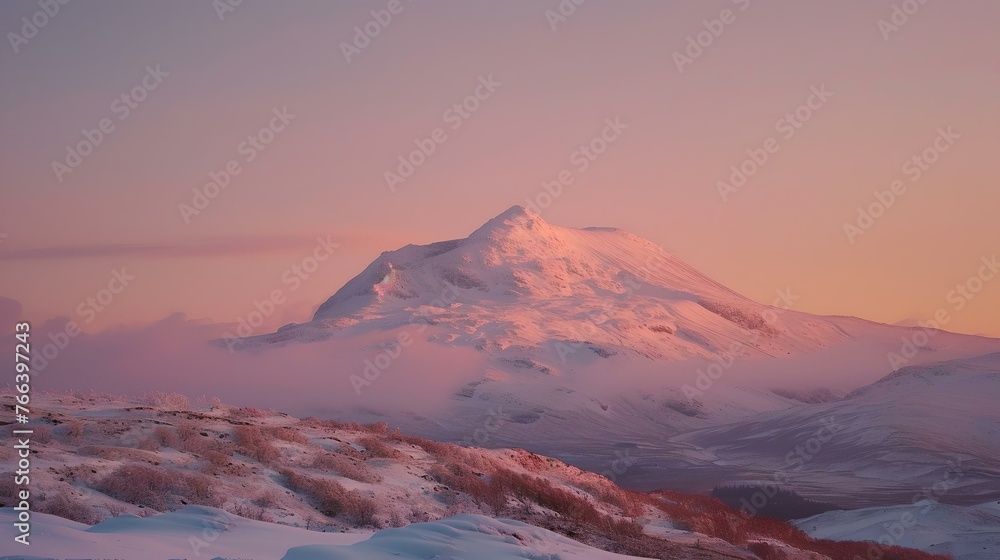 Majestic snow-capped mountain bathed in warm sunrise colors, a peaceful scenic landscape