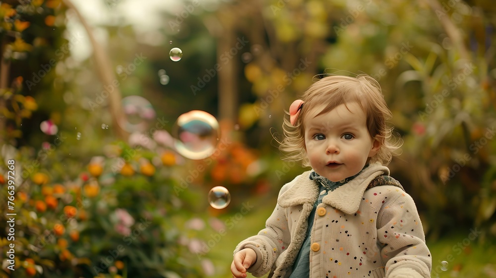 Adorable toddler in nature with bubbles, a moment of childhood wonder Adorable toddler in nature with bubbles, a moment of childhood wonder