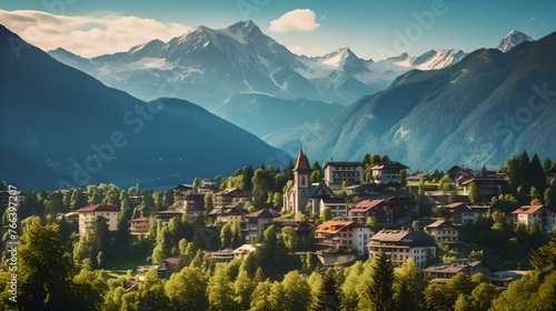 Idyllic mountain town at sunrise with lush greenery and snow-capped peaks #766397207