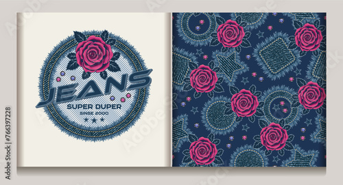 Label, seamless pattern with scattered denim patches with fringe, rhinestones, gems, stars, pink roses. Vintage style. Girls design for clothing, t shirt, surface design.