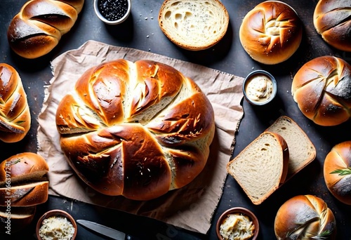 Assortment Homemade sourdough bread, top view, dark background 